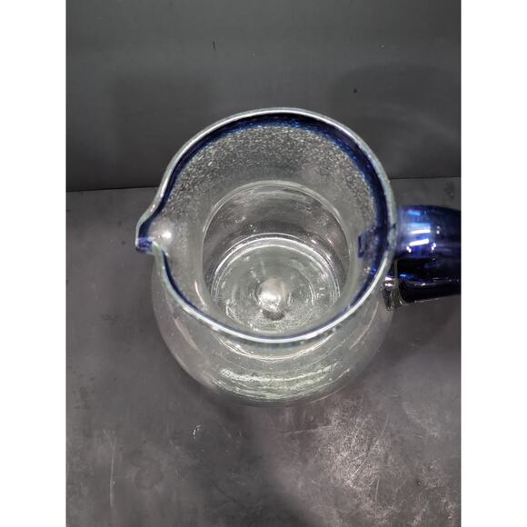 Mexican Hand Blown Glass Pitcher, Cobalt Blue Rim, 160 Oz Bubble Pitcher - Picture 6 of 10